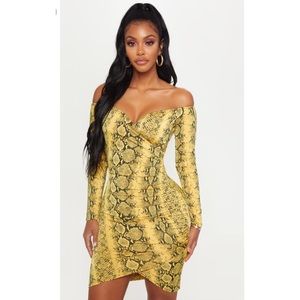 Shape Yellow Snake Print Bardot Bodycon Dress